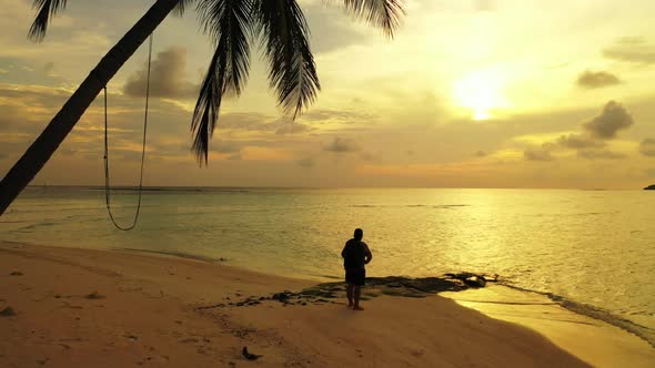 Single lady tanning on tropical sea view beach lifestyle by transparent sea and white sandy backgrou