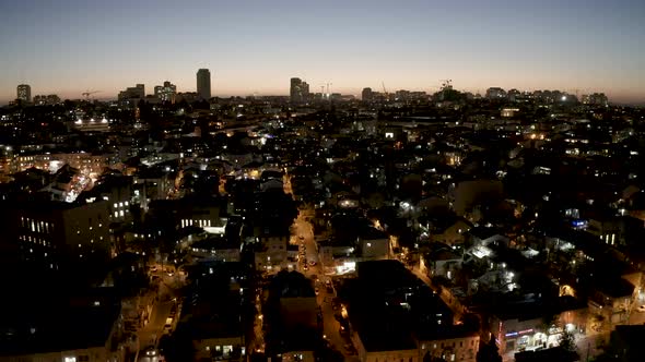 Jerusalem panoramic night view, drone fly up, Israel