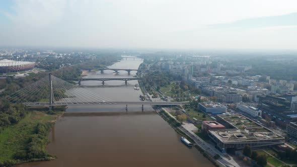 Aerial View of Various Bridges Crossing Vistula River in Town