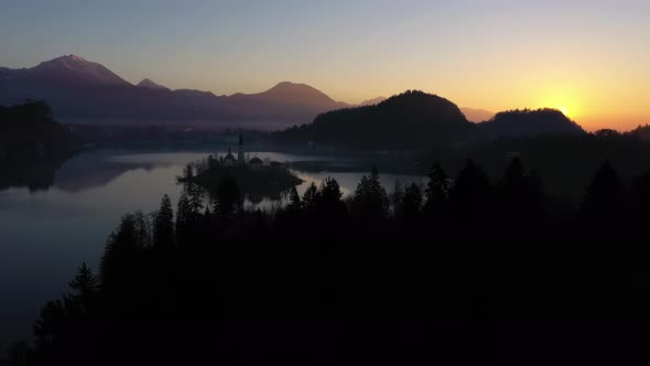 Bled Lake and Marijinega Vnebovzetja Church at Sunrise