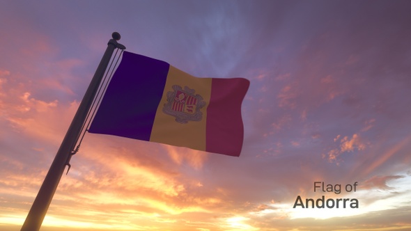 Andorra Flag on a Pole with Sunset / Sunrise Sky Background