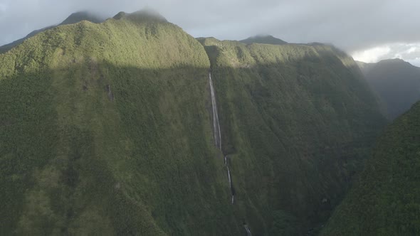 Aerial view of a waterfall (La Cascade Blanche), Saint Benoit, Reunion.