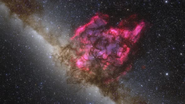 Spaceship Flies Near Red Nebula in Space alt