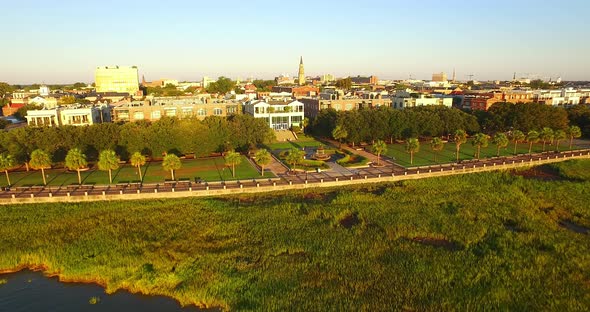 Aerial View of Charleston Skyline and Waterfront Park with Pineapple Fountain