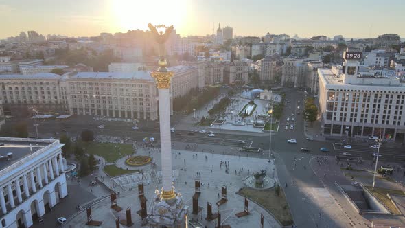 Monument in the Center of Kyiv, Ukraine. Maidan. Aerial View