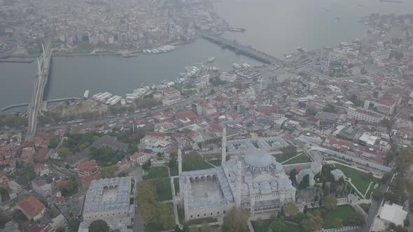 Aerial footage of Suleymaniye Mosque from a foggy day