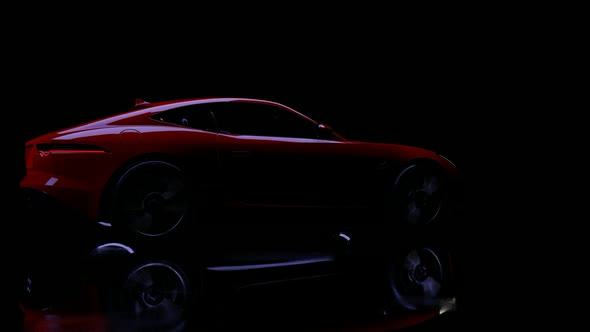Luxury Red Sports Car Driving On Wet Asphalt At Night