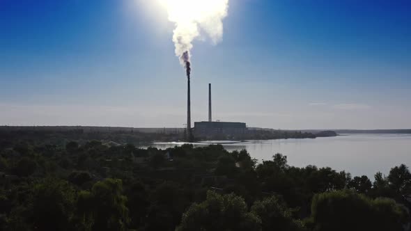 View of thermal power station. Industrial landscape with thermal power plant