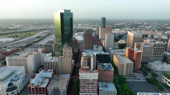 Establishing aerial shot of downtown cityscape in America. High drone shot of Fort Worth, Texas. Urb