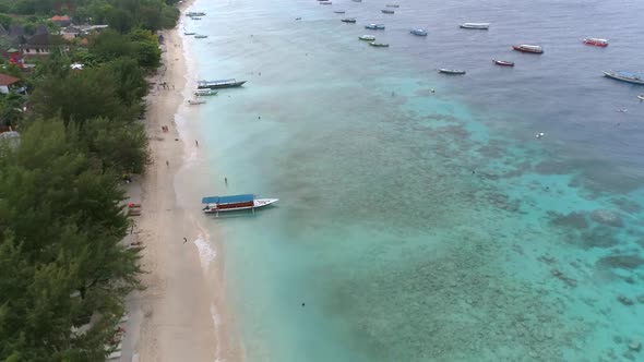 Aerial view of transparent coastal line on Gili Trawangan island, Indonesia.