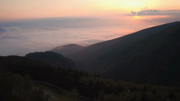 Aerial view of a valley at the sunset in Transylvania