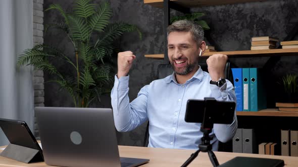 Excited Man Stock Trader Winner Looks Laptop Celebrating Good Stock Market Deal