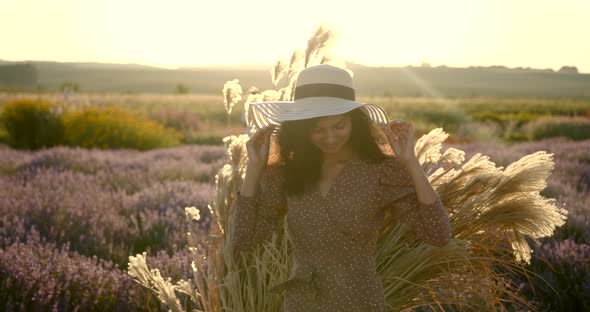 Indian Girl in Lavender Field on Sunset