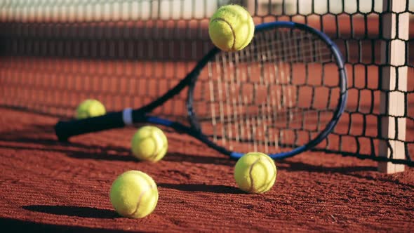 Tennis Court with a Racket and Several Balls on It