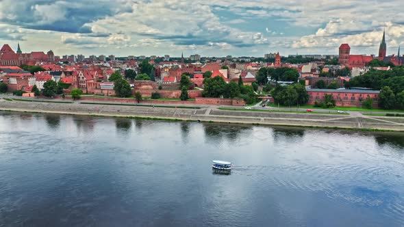 Aerial view of Torun old town and Jozef Pilsudski bridge.