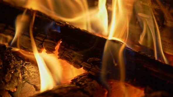 Slow Motion Shot of Wood Burning in Fire. Burning Billets