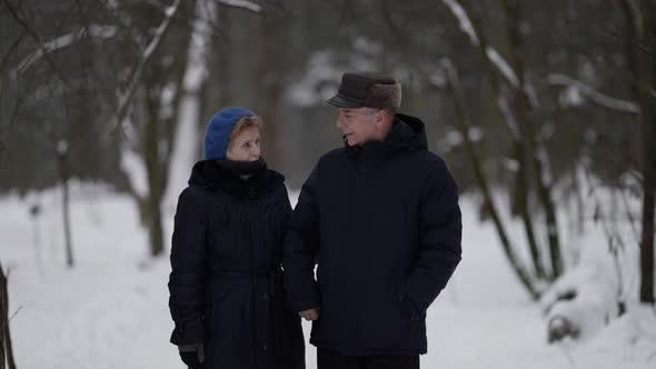 Elderly Married Couple Is Walking Together at Winter Day in Park Happy Loving Spouses