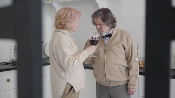 Middle Shot of Happy Senior Couple of Retirees Talking, Clinking Wineglasses, and Kissing. Portrait