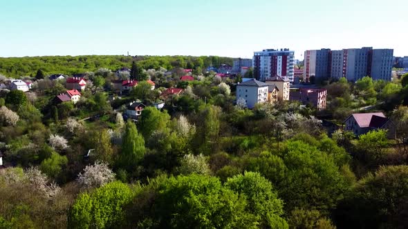 Aerial drone view of a flying over the countryside.