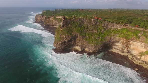 Aerial view of buildings on the top of a rock cliff, Bali, Indonesia.