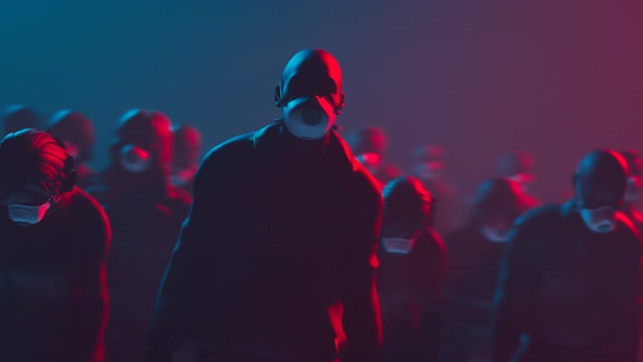 The animation of people in masks walking in dark. A man marching in a  crowd.