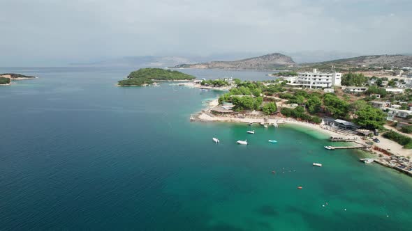 Aerial View Exotic Beach with Turquoise Water in Albania Ksamil Islands