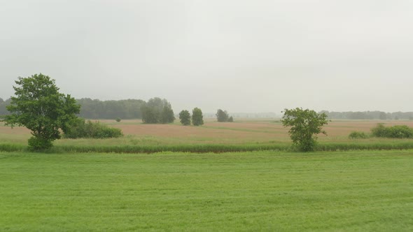 Flight Over Rich Green Field with Trees in Germany on Foggy Overcast Day