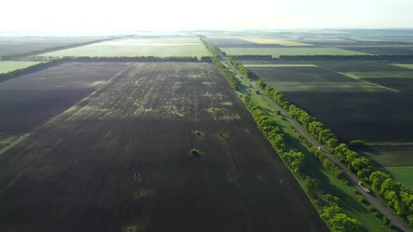 Fields in Early Spring Summer Morning From Great Height