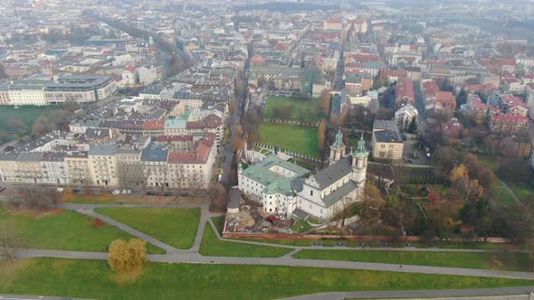 Aerial view of Paulin's Basilica on the Skalka in Krakow, Poland