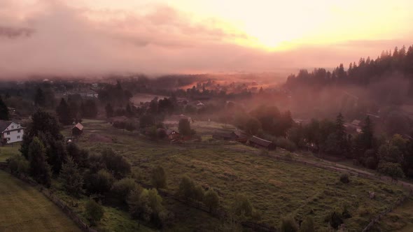 Panorama of Foggy Mountains Countryside at Sunrise