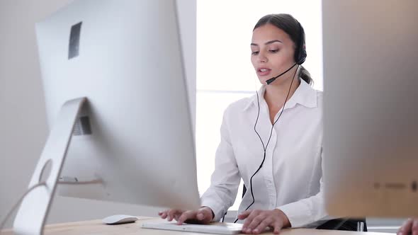 Call Center. Woman Operator In Headset On Hotline Support