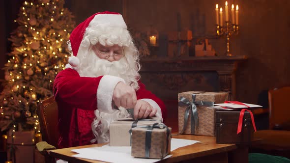 Workplace of Santa Claus. Cheerful Santa is working while sitting at the table.