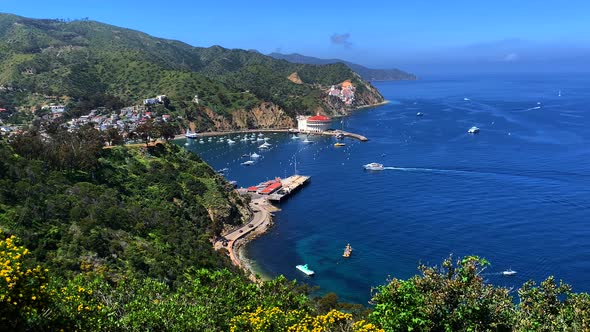 4k 60p, Wide view of Avalon bay on Catalina Island, California.