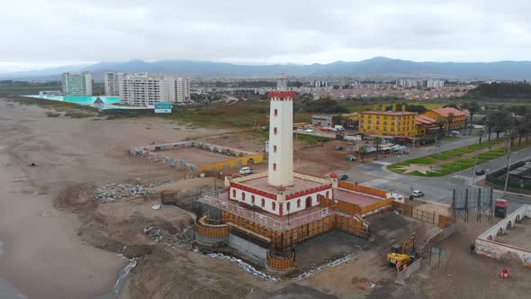 Lighthouse Monumental, Coast Pacific Ocean Beach (La Serena, Chile) aerial view