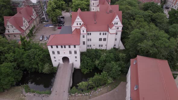 High aerial view of entrance of Köthen Castle in Germany during cloudy day