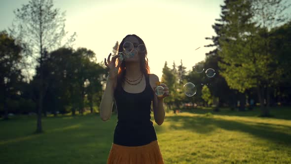 Young Woman Play with Soap Bubbles, Outdoor Having Fun