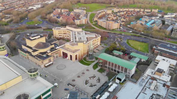 Aerial panoramic view of Basildon Town Centre, Library, St Martins Church in the morning