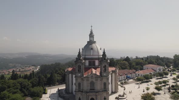 Church dome and bell towers, Sameiro Sanctuary, Braga, Portugal. Aerial pullback