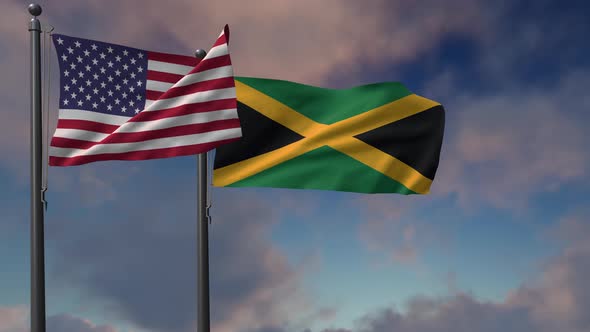Jamaica Flag Waving Along With The National Flag Of The USA - 4K