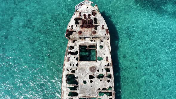 Top-Down View Of SS Sapona Shipwreck, Concrete Hulled Shipwreck Near Bimini In The Bahamas. - aerial