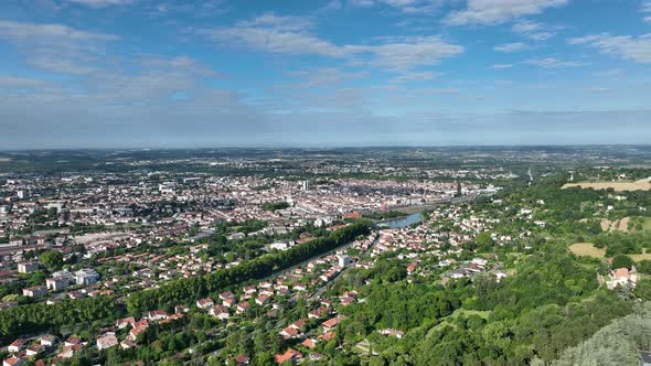 Drone view of Agen the Garonne and the whole valley