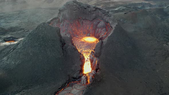 Drone Of Lava Flow From Erupting Fagradalsfjall Volcano In Reykjanes Peninsula Iceland