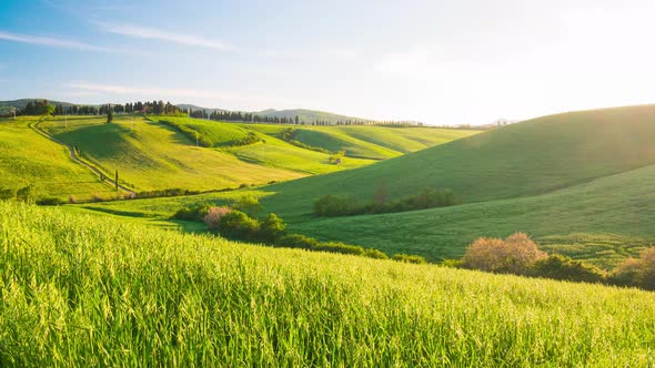 Time lapse: unique green landscape in Volterra region, Tuscany, Italy. Scenic clouds moving by wind.