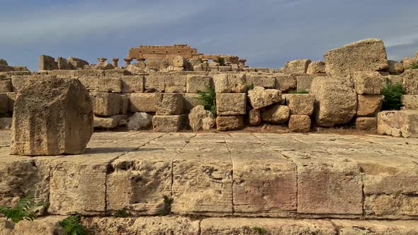 First-person pov of Selinunte archaeological park in Sicily with no people, Italy. Slow-motion