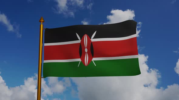 National flag of Kenya waving with flagpole and blue sky timelapse