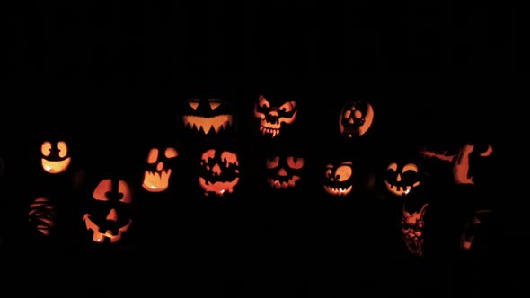 Glowing in the dark spooky Jack-o-lanterns carved from real pumpkins.