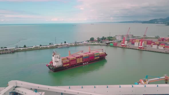 Drone business logistics import export cargo transportation by container ship.