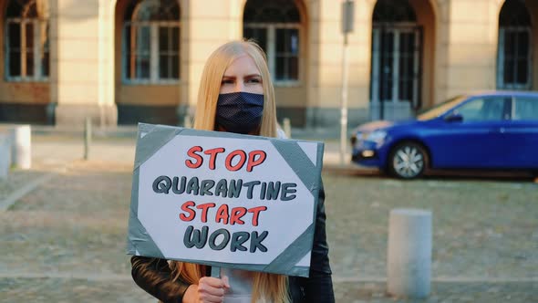 Young Woman in Mask Calling To Stop Quarantine and Start Working