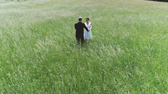 Happy groom and pregnant bride dancing on a summer meadow