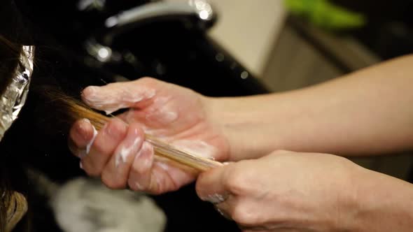 Master Spreads Moisturizing Lotion on Woman Hair in Salon